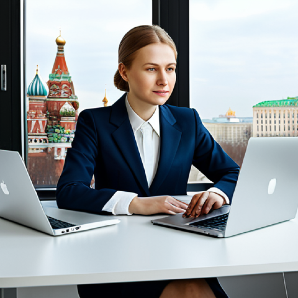 Modern Moscow Office**

"A professional businesswoman in a stylish, modest business suit, working on a laptop at a desk in a bright, modern office in Moscow. Large windows overlook the cityscape. Fully clothed, appropriate attire, safe for work, perfect anatomy, natural proportions, professional photography, high quality. Family-friendly."

**