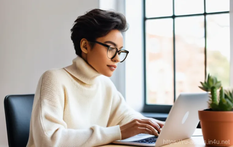 광고디자인 경력직 이직 시 이력서 작성법 - **Prompt:** A stylish, confident female graphic designer, approximately 28 years old, focused intent...