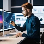 광고디자인 자격증 취득 후 경력 설계 - **Prompt:** A young, focused Russian graphic designer, around 25-30 years old, actively working on a...