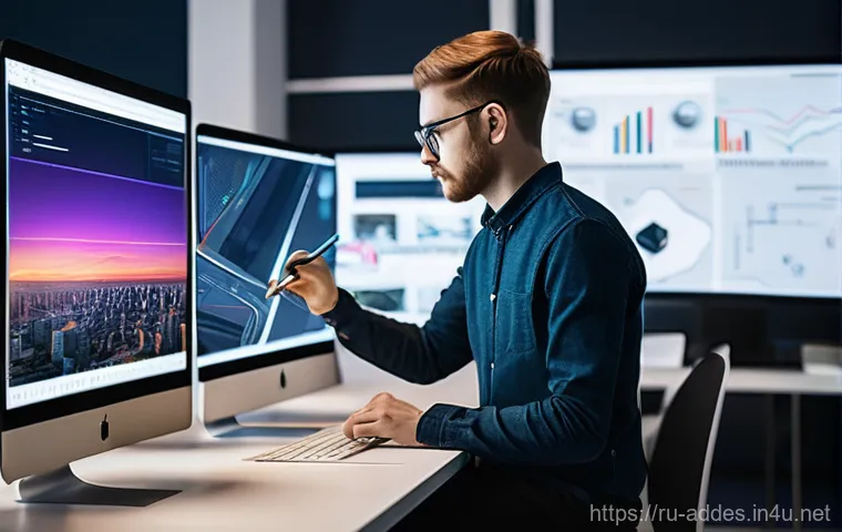 광고디자인 자격증 취득 후 경력 설계 - **Prompt:** A young, focused Russian graphic designer, around 25-30 years old, actively working on a...