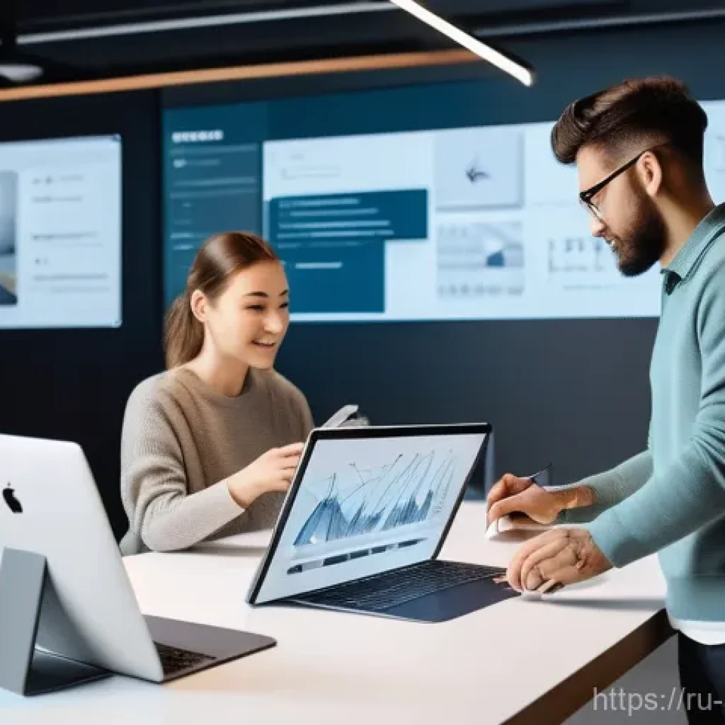 광고디자인 직무를 위한 추가 자격증 - **UI/UX Design Workflow:** A dynamic, brightly lit, modern design studio with a diverse team of two ...
