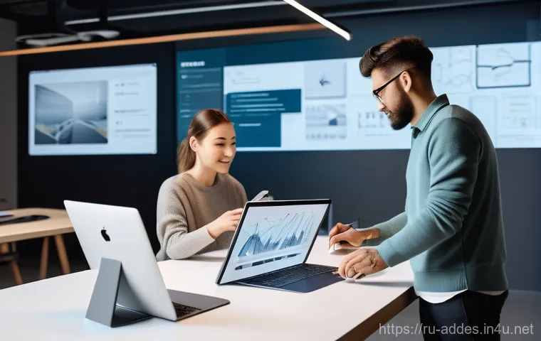 광고디자인 직무를 위한 추가 자격증 - **UI/UX Design Workflow:** A dynamic, brightly lit, modern design studio with a diverse team of two ...