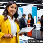 광고디자인 취업 박람회 정보 - **Prompt 1: A confident female graphic designer at a vibrant career fair.**
    A young, confident f...