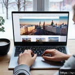 Home 23 광고디자인과 관련된 소프트웨어 비교 - A modern creative workspace featuring a young Russian graphic designer working on a sleek laptop wit...