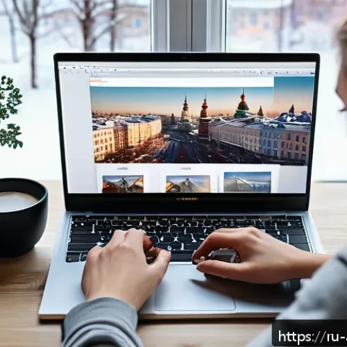 Home 17 광고디자인과 관련된 소프트웨어 비교 - A modern creative workspace featuring a young Russian graphic designer working on a sleek laptop wit...