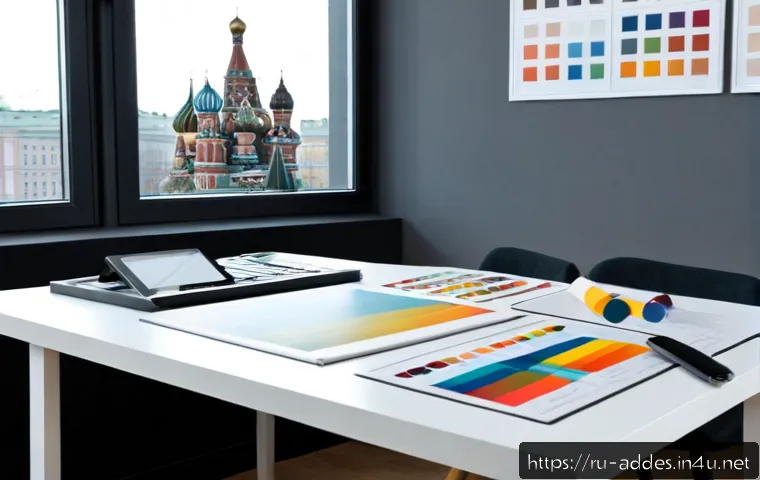 광고디자인 기초 개념 정리 - Photorealistic advertising design fundamentals workspace in a modern Moscow creative studio, a Russi...